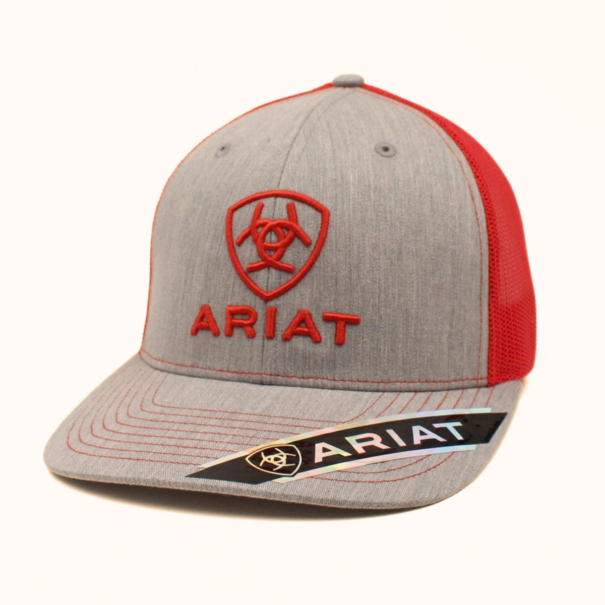 Ariat grey and red logo trucker cap with embroidered front logo