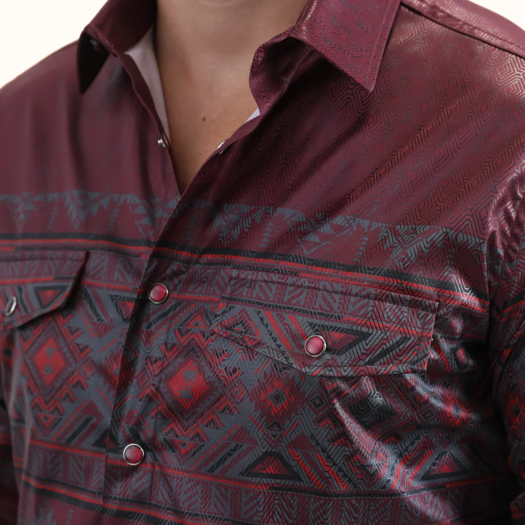 Platini Geometric Western Band Shirt in burgundy front close-up view