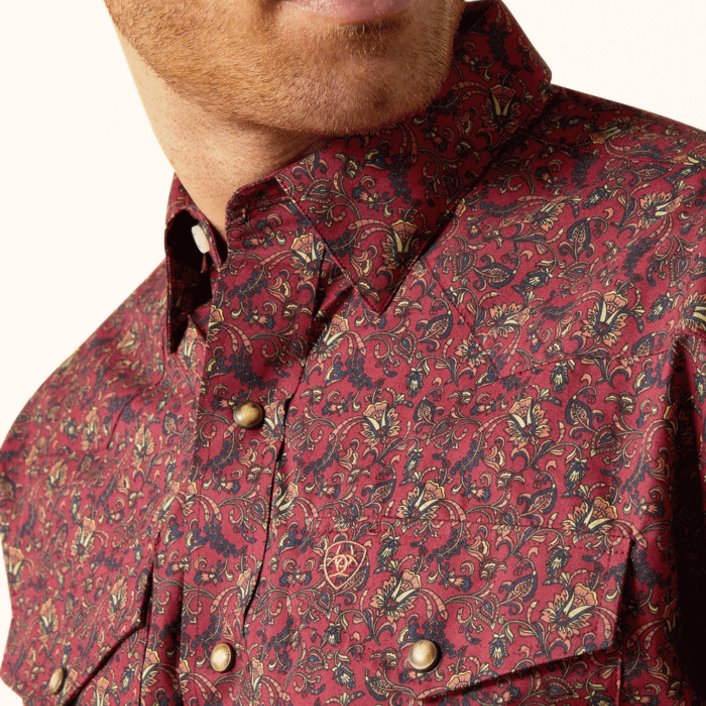 Close-up of Ariat Samson Classic Fit Red Shirt collar and chest