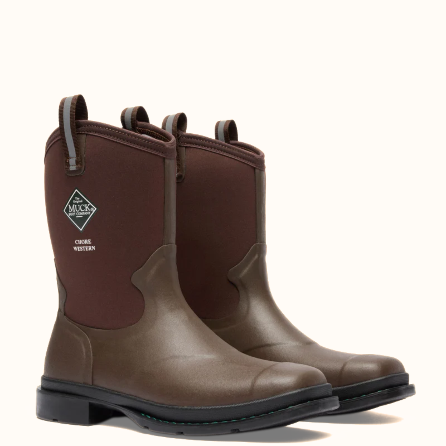 Pair view of Muck Brown Chore Mid Western work boot