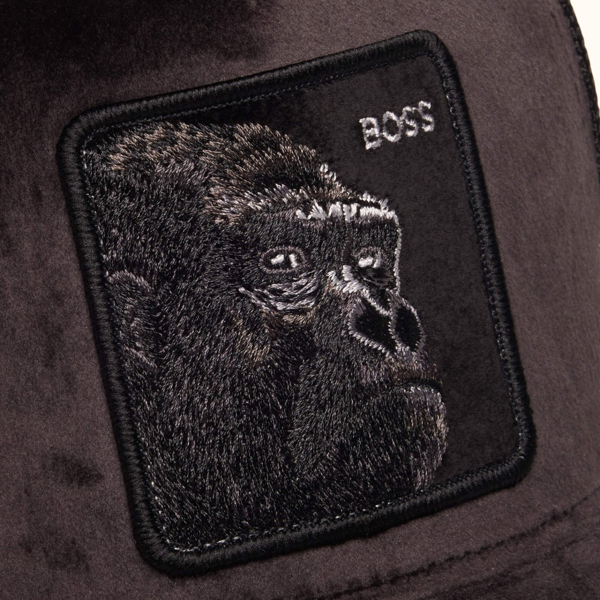 Goorin Bros. Velour Boss black trucker hat patch view