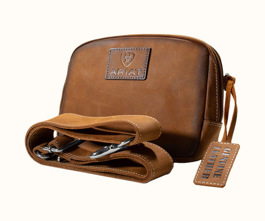 Angled front view of Ariat Gwen Brown Style Belt Bag showing front patch detail