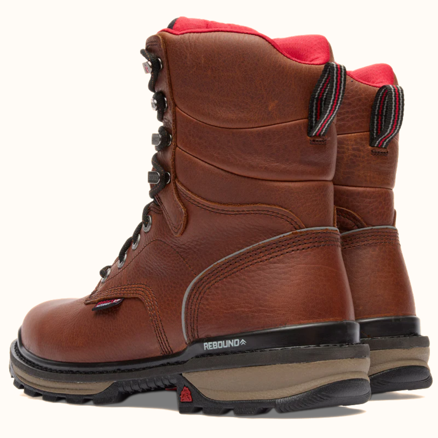 Angle back view of Rocky Brown Rams Horn waterproof work boot