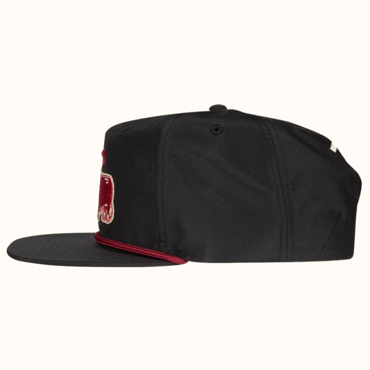 Lazy J black and red premium ranch rope trucker hat side view