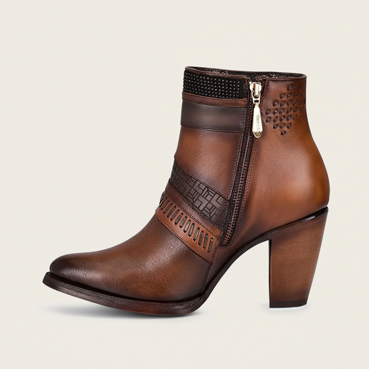 Hand-Painted Brown Leather Ankle Bootie