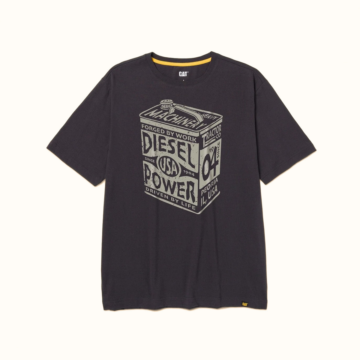 CAT Diesel Can men’s black graphic T-shirt with vintage Caterpillar oil can design