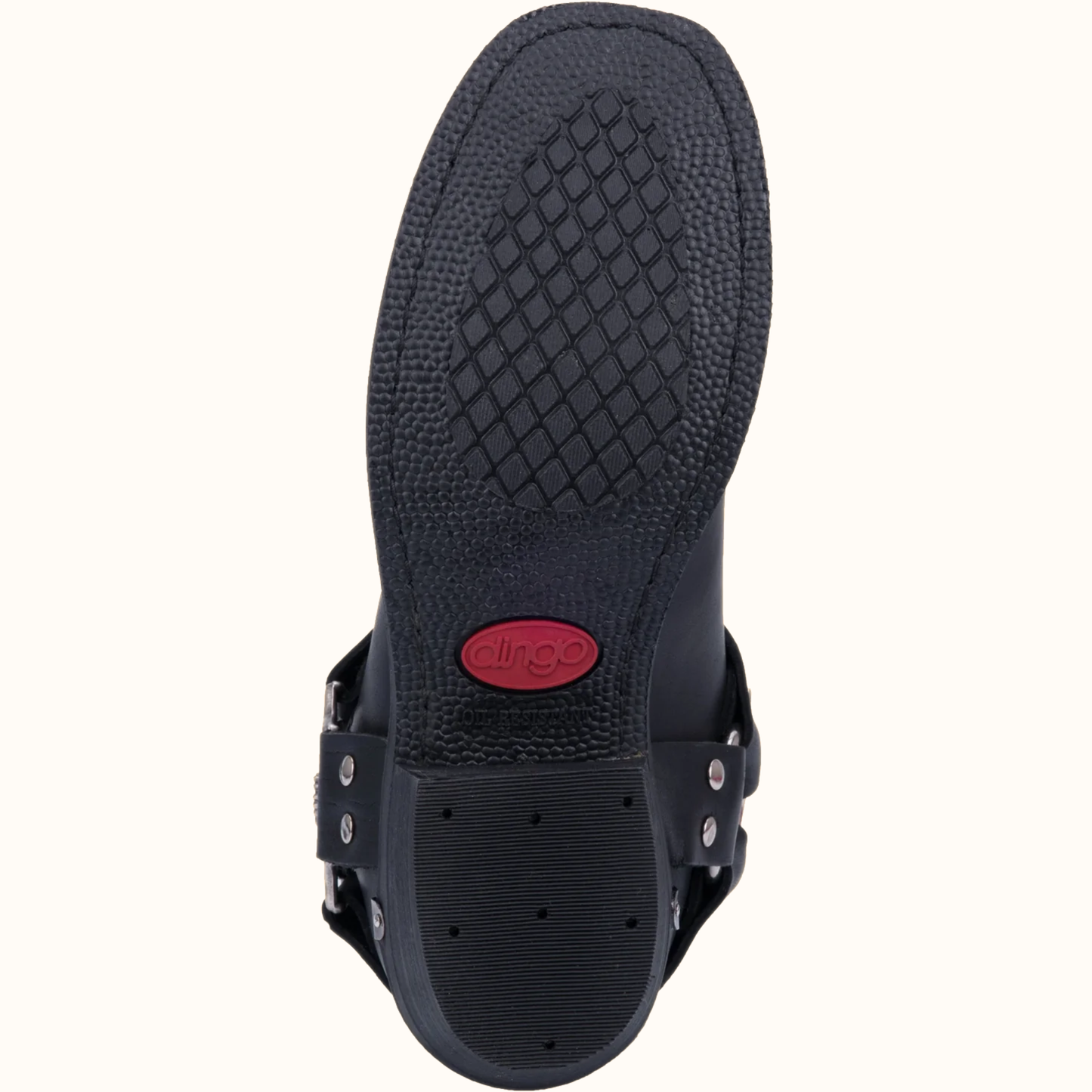 Outsole view of Dingo Black Chopper Leather Harness boot