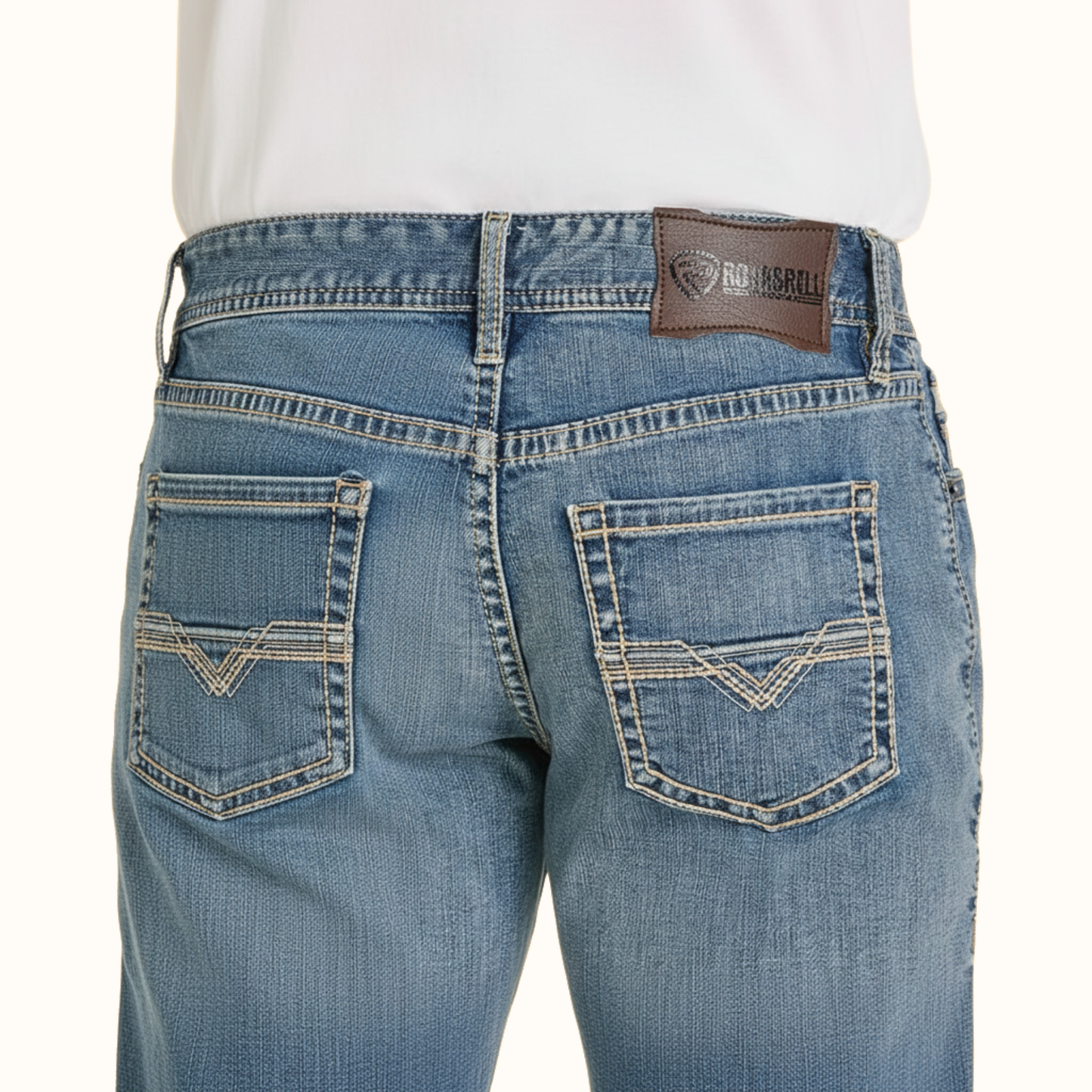 Rock & Roll Denim Relaxed Fit Classic Stitch Stackable Bootcut Jeans back pocket detail