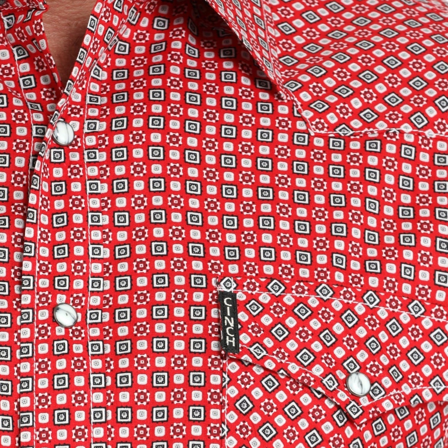 Close-up view of Cinch Long Sleeve Print Modern Shirt print pattern and chest pocket