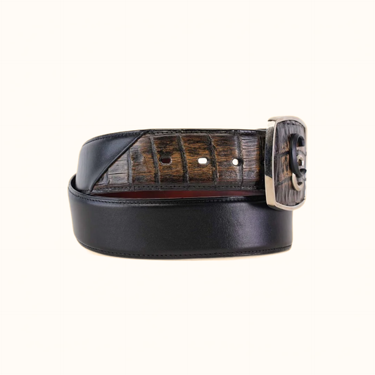 Cuadra Black & Brown Caiman Exotic Strip Belt rolled side view