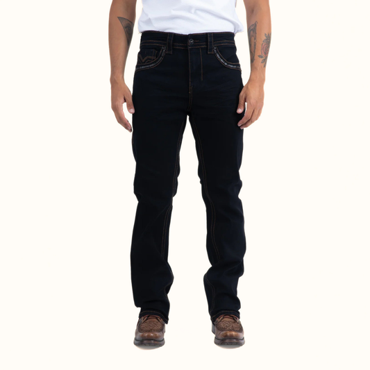 Platini Holt Men’s Black Slim Boot Cut Jeans front view on model