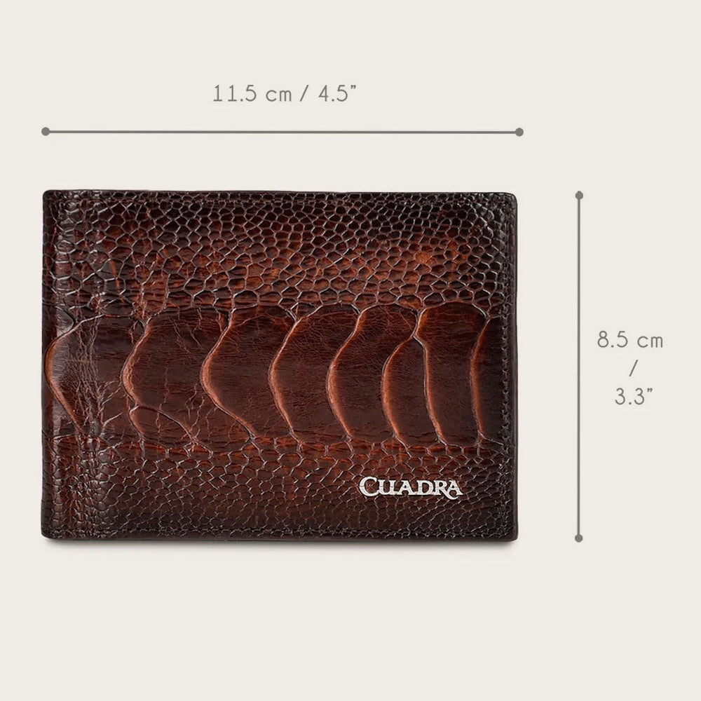 Cuadra Brown Ostrich Leg Leather Wallet front view with dimensions