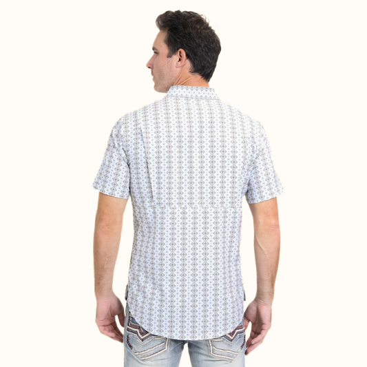 Platini Performance Western Short Sleeve Aztec Print White Shirt back view