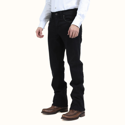 Platini Holt Men’s Black Slim Boot Cut Jeans front side view on model