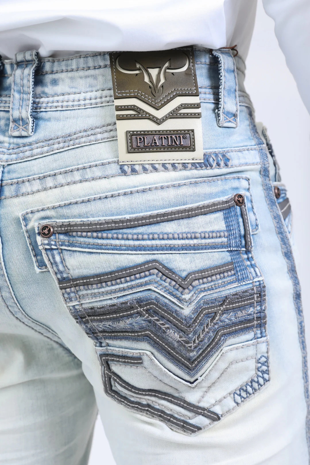 Platini Holt men’s ice blue jeans back pocket stitching detail
