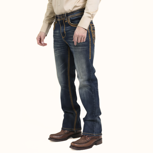 Side profile view of Platini Holt Men’s Dark Stone Slim Boot Cut Jeans