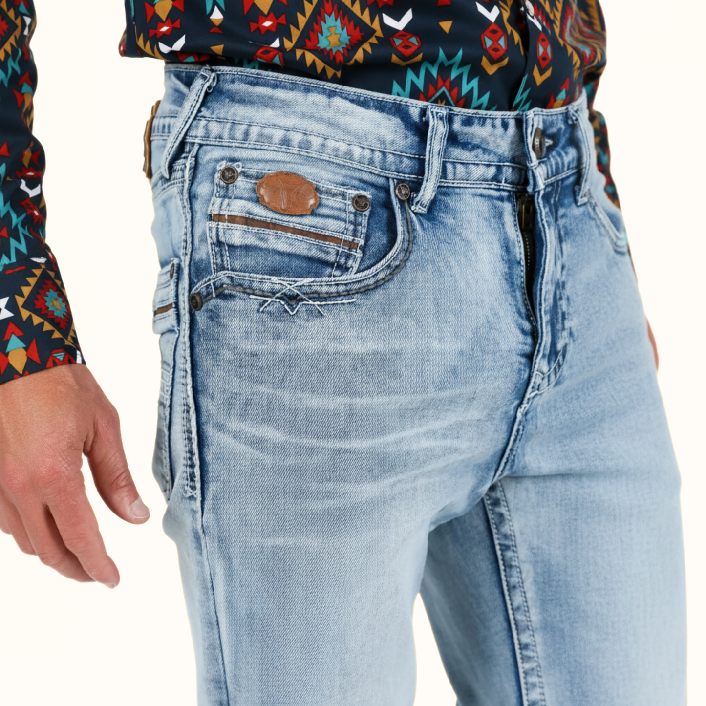 Front pocket detail of Platini Light Blue Holt boot cut jeans