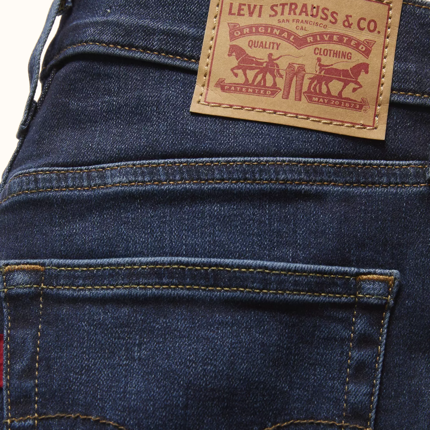 Close-up of back waistband and leather patch on Levi’s 720 High Rise Super Skinny Women’s Jeans