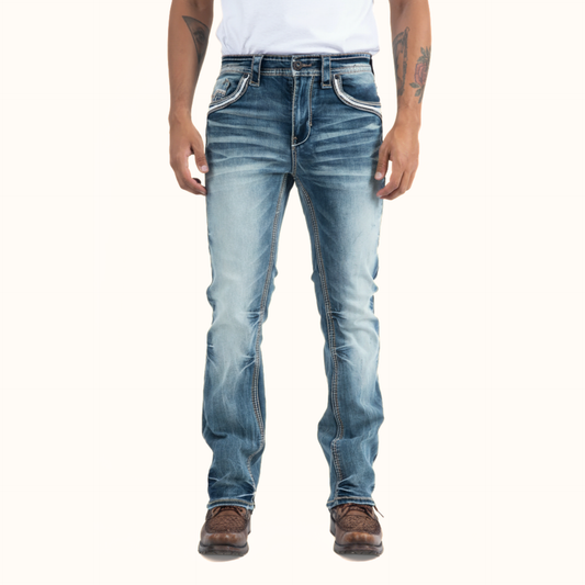 Front view of Platini Holt Men’s Blue Slim Boot Cut Jeans
