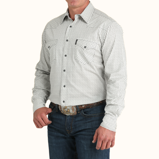 Cinch Printed Button Down Shirt angle view in beige print