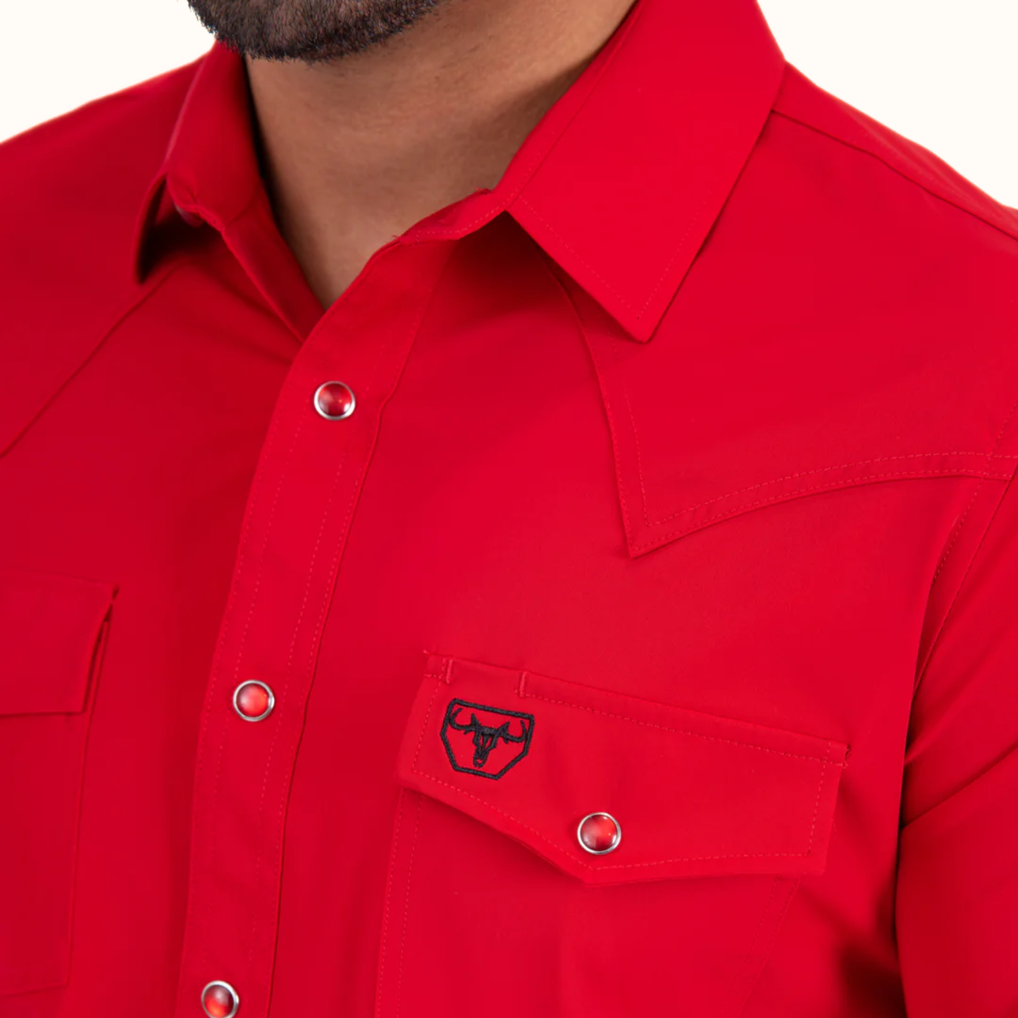 Platini Men’s Performance Western Short Sleeve Red Shirt chest pocket detail