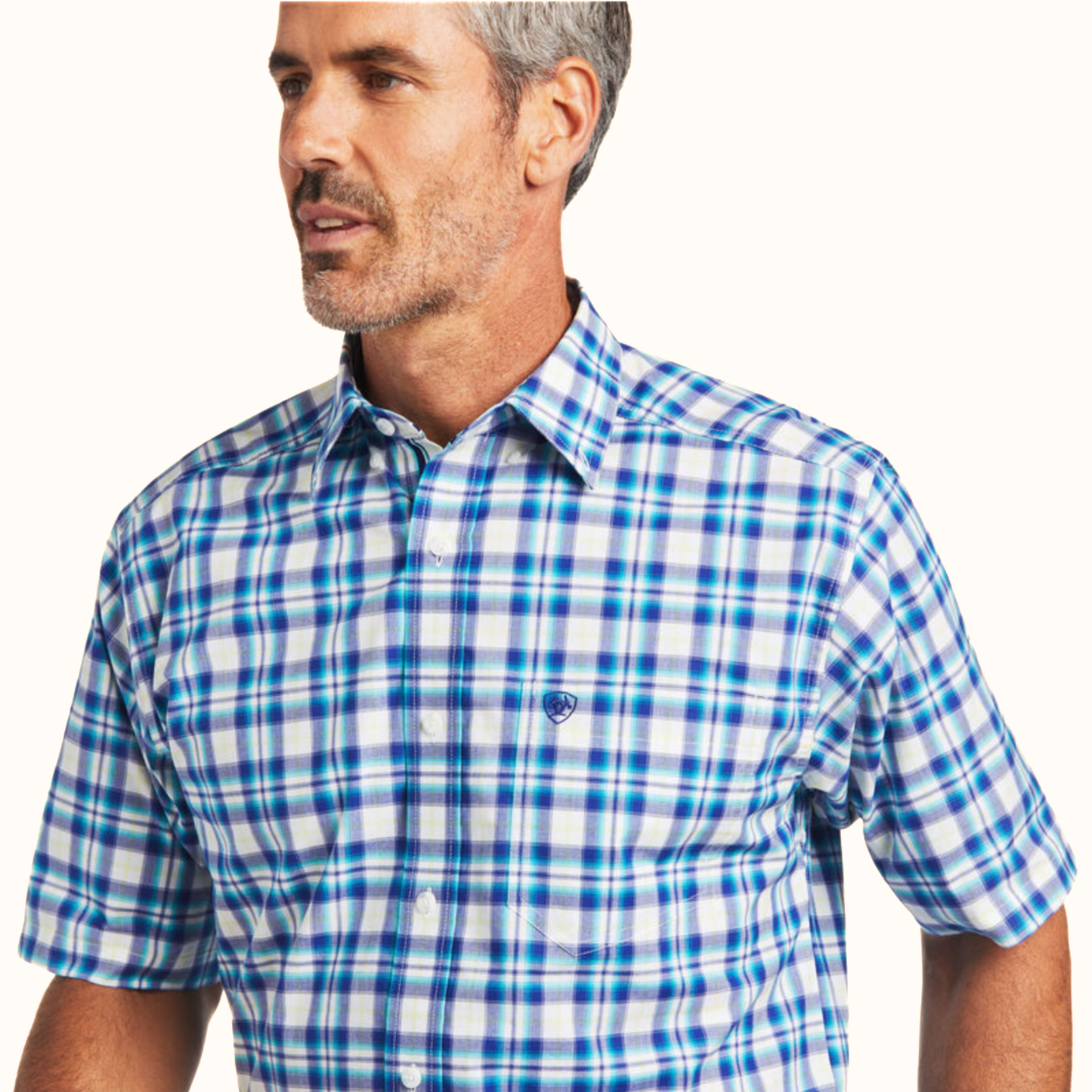 Close-up of Ariat Pro Series Isai Stretch Classic Fit Shirt blue plaid pattern