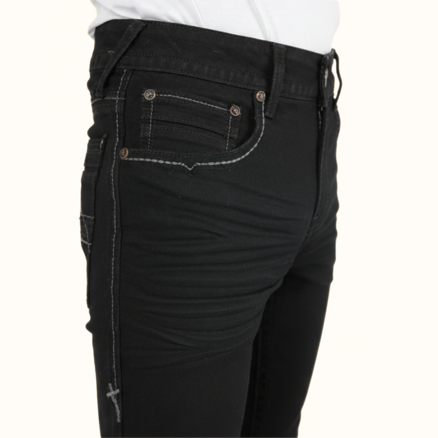 Platini Holt black boot cut jeans fabric and pocket detail