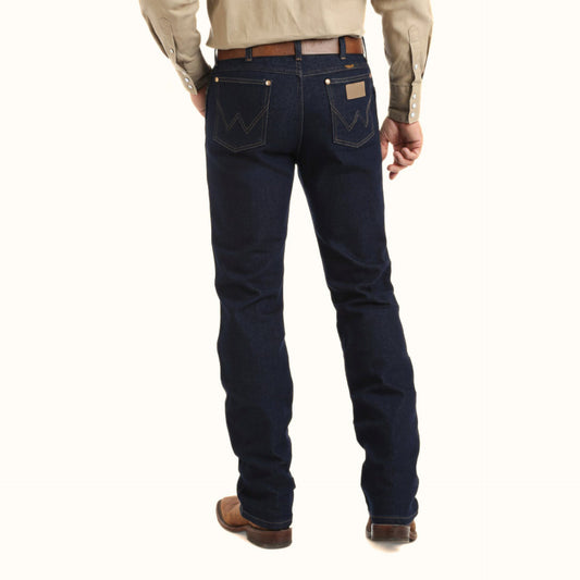 Wrangler Cowboy Cut Original Fit Active Flex Jeans back view on model in blue denim