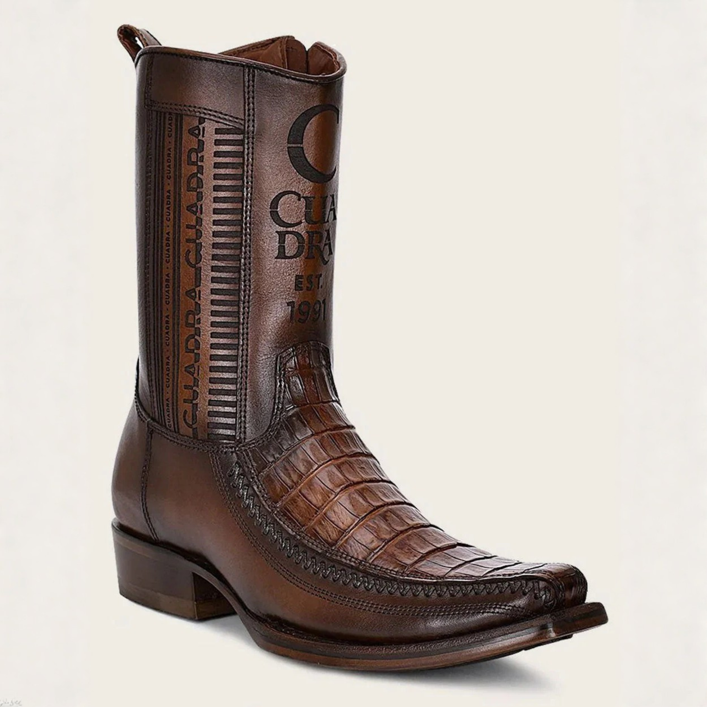 Front angled view of Cuadra Caiman Laser & Woven Narrow Square Toe Boot in brown