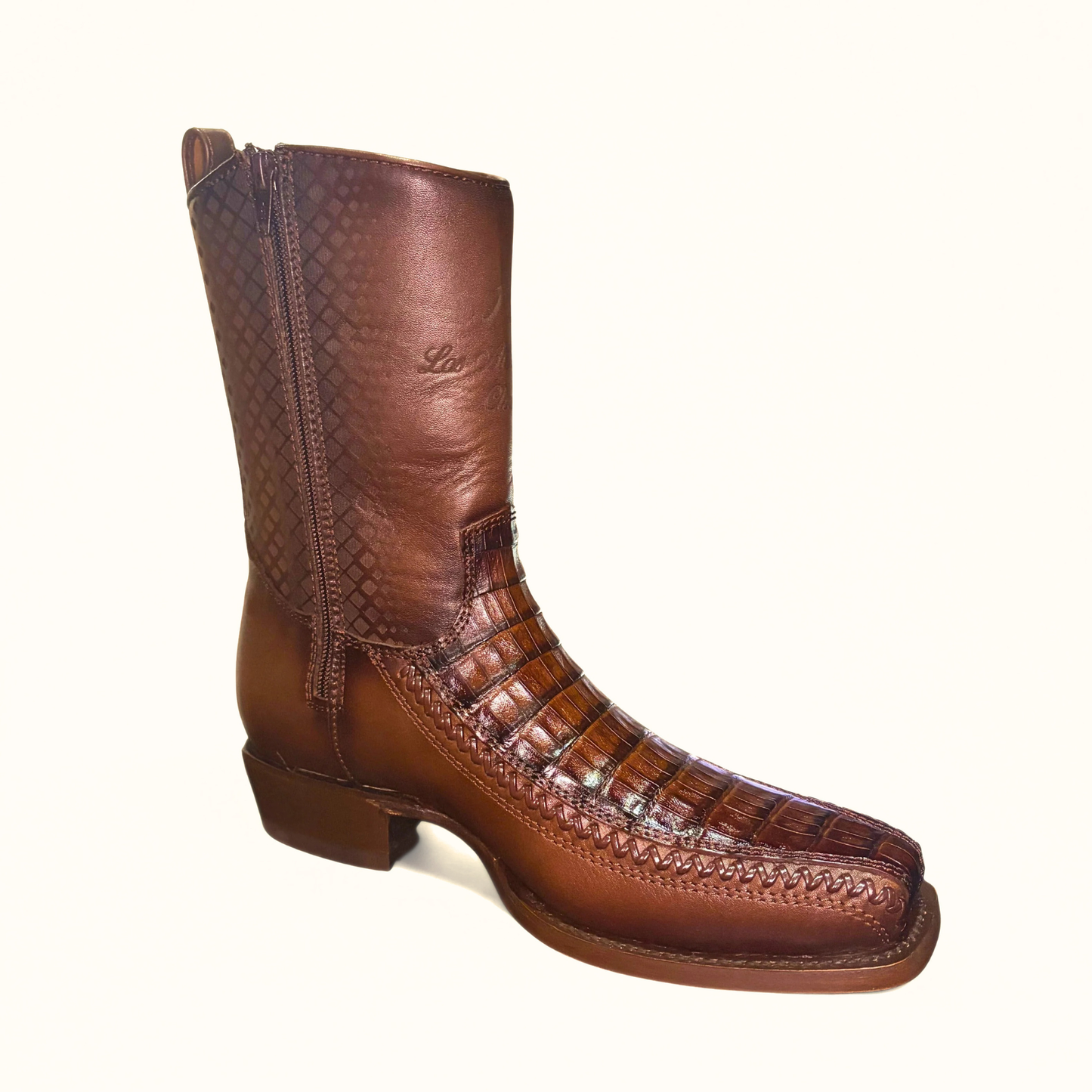 Brown caiman belly Western boot angled view