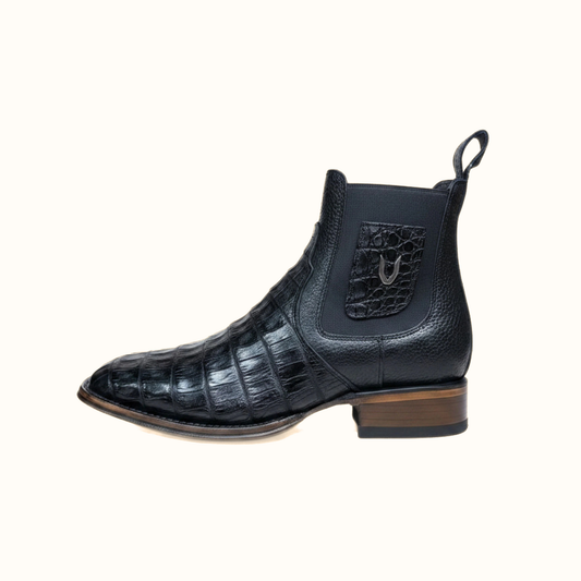 Vestigium Black Caiman Belly Boot side view in black exotic leather