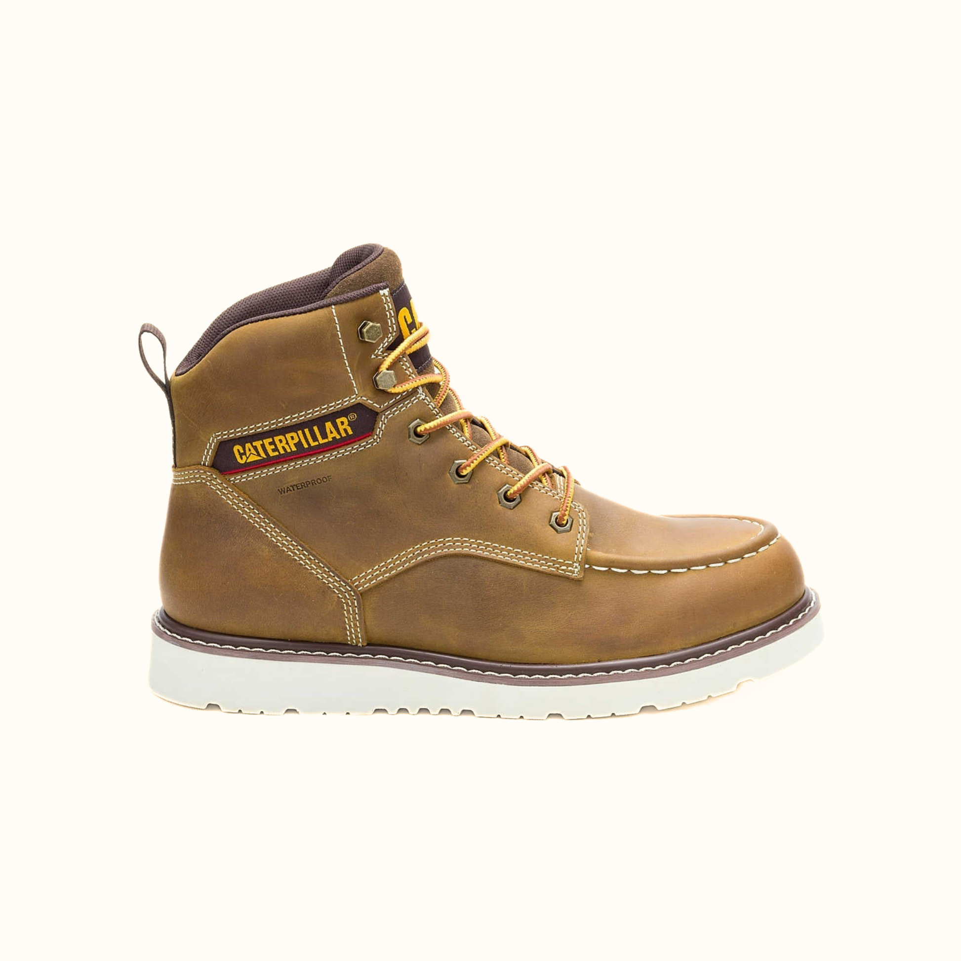 CAT Reclaimer waterproof wedge work boot brown leather side view