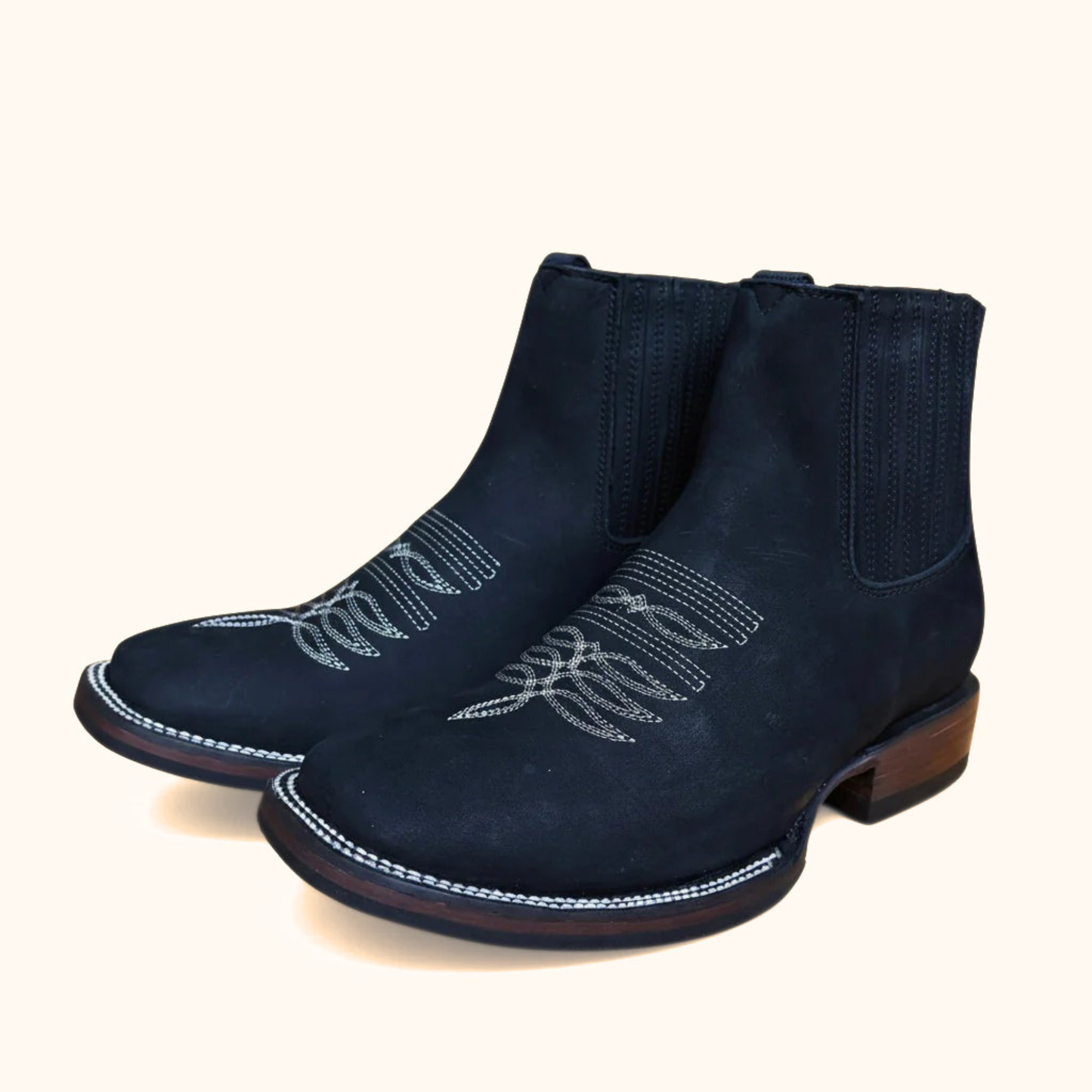 Cerro 1710 Nubuck Black Square Toe Botin angled side pair view