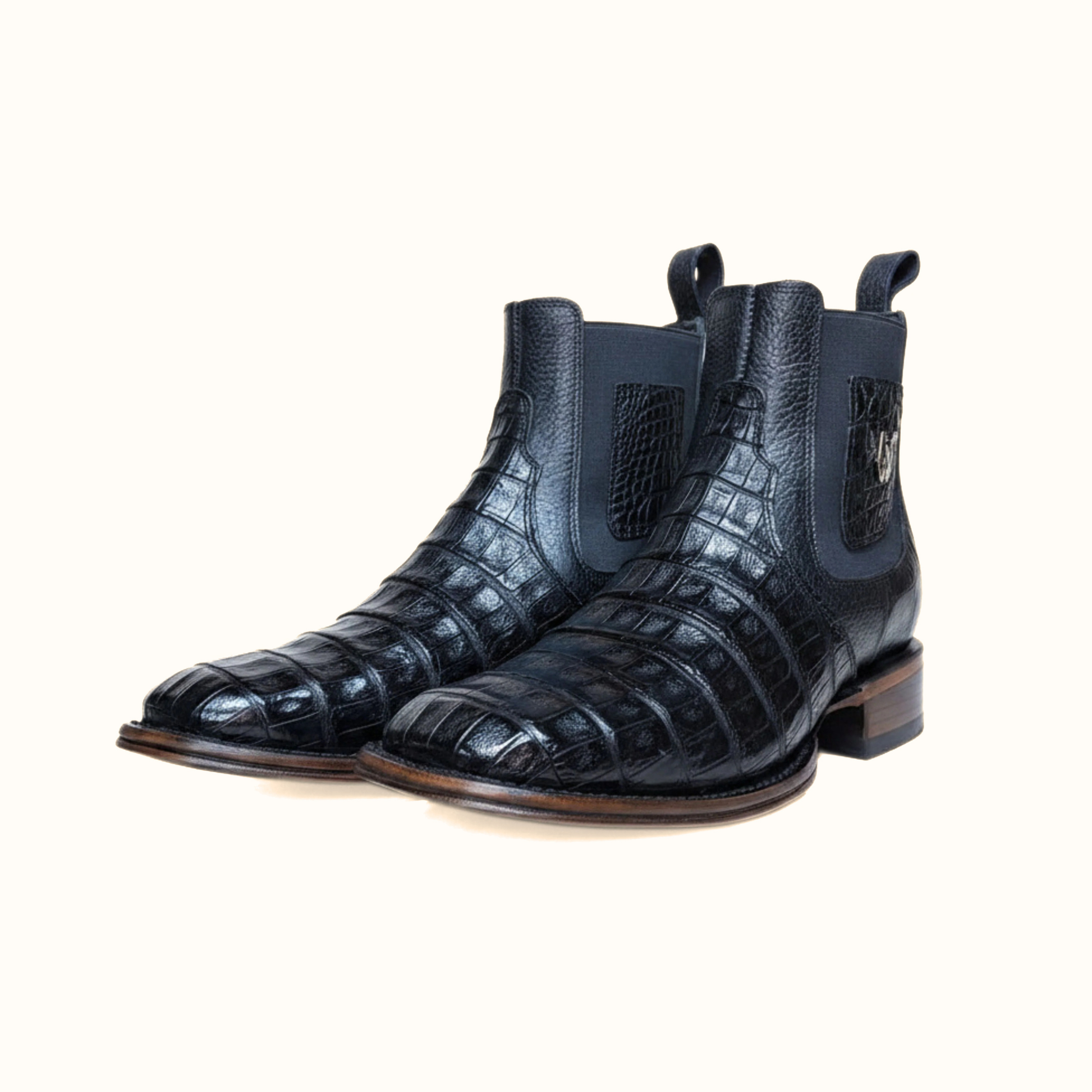 Pair of Vestigium Black Caiman Belly Boots in black exotic leather
