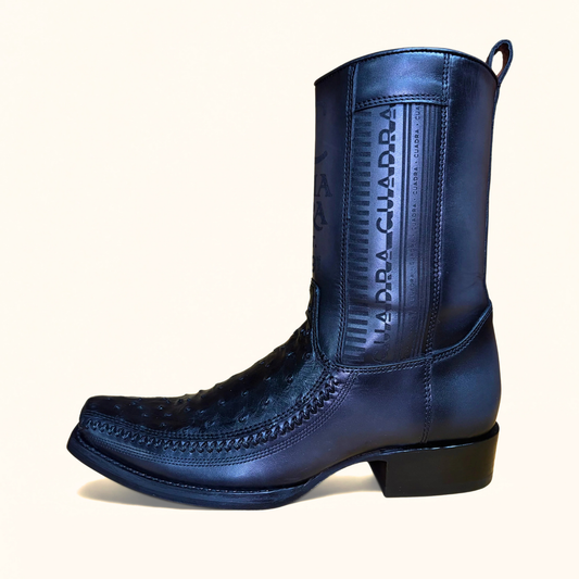 Cuadra Black Ostrich Lazer & Woven Narrow Square Toe Boots side view in black leather