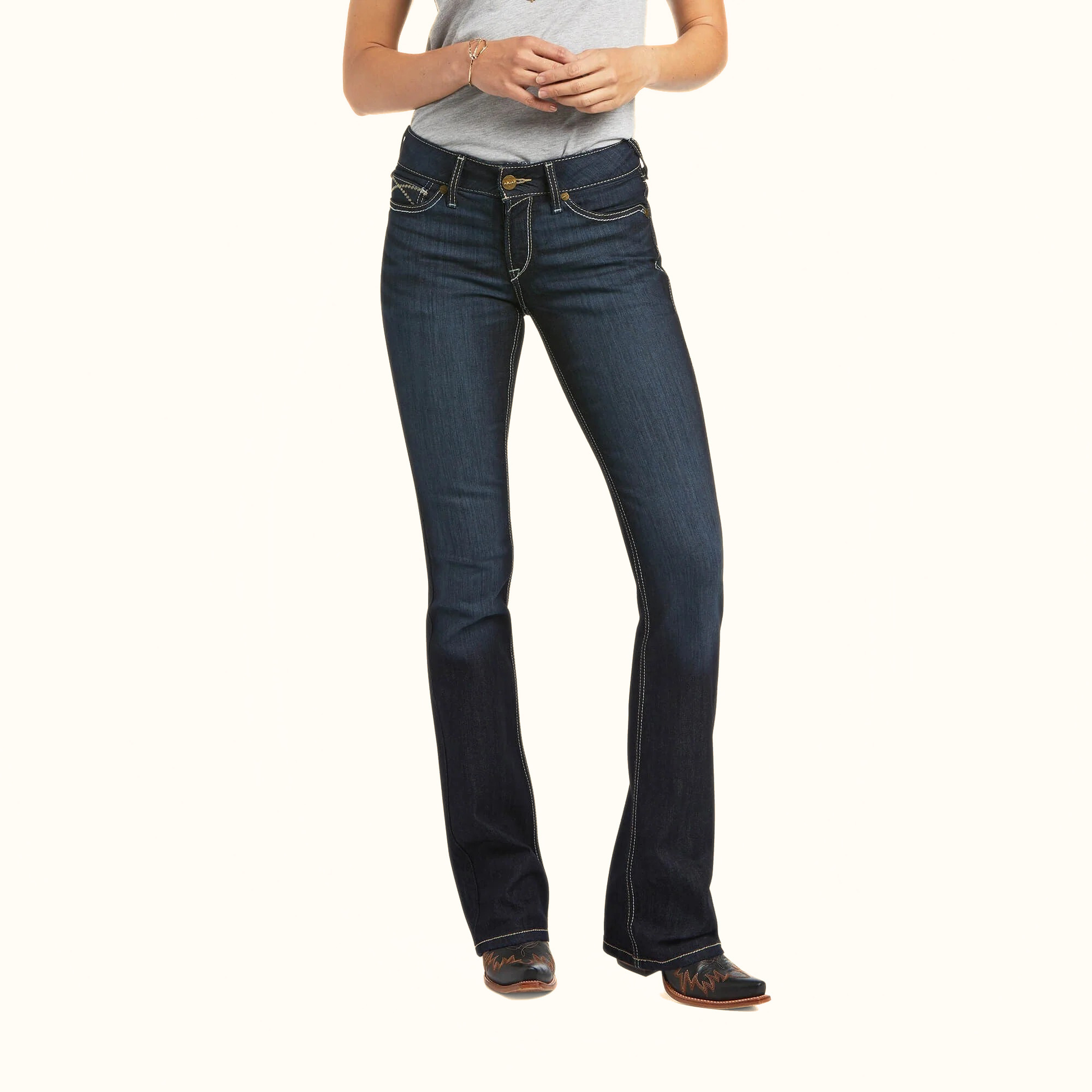 Ariat Women’s R.E.A.L. Perfect Rise Contessa Boot Cut Jeans Blue front standing view