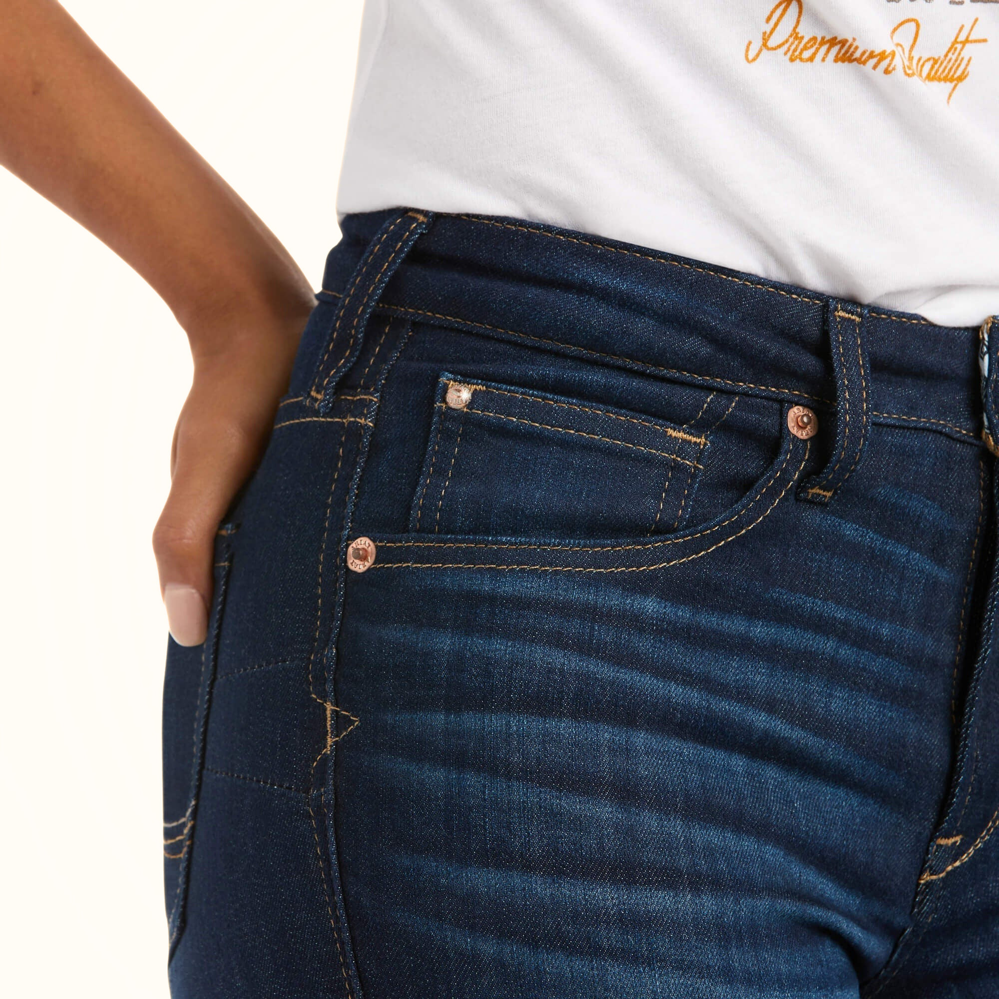 Ariat R.E.A.L. High Rise Ballary Boot Cut Jean front pocket stitching detail