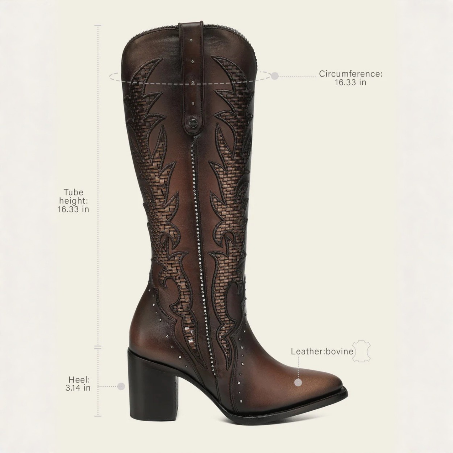 Cuadra Women’s Brown Bovine Leather Western Boots side pair view with dimensions