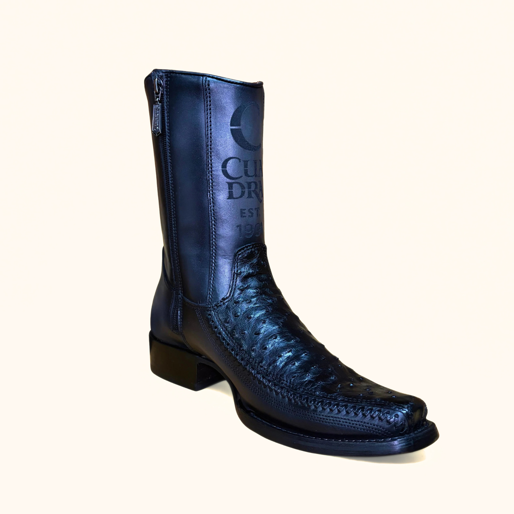 Cuadra Black Ostrich Lazer & Woven Narrow Square Toe Boots angled view in black leather