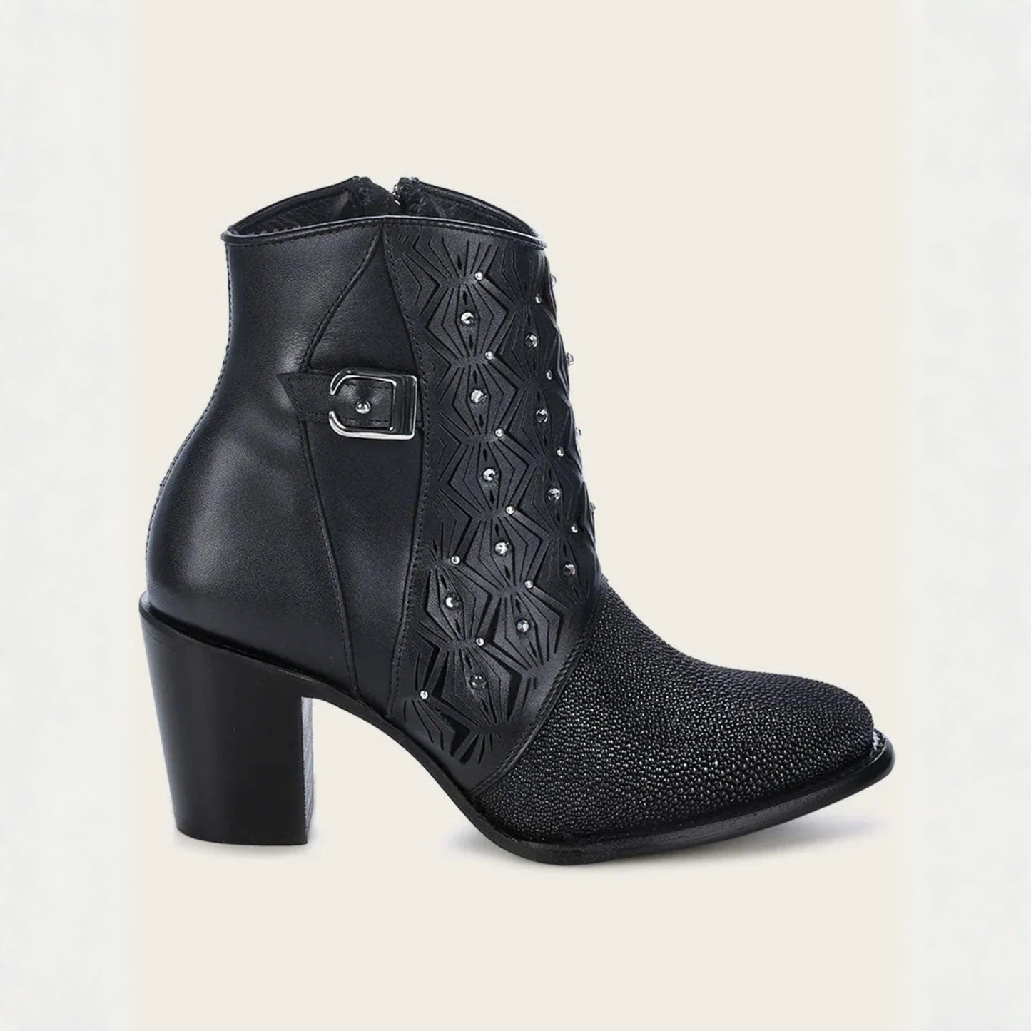 Cuadra Black Stingray Crystal Ankle Bootie side profile view