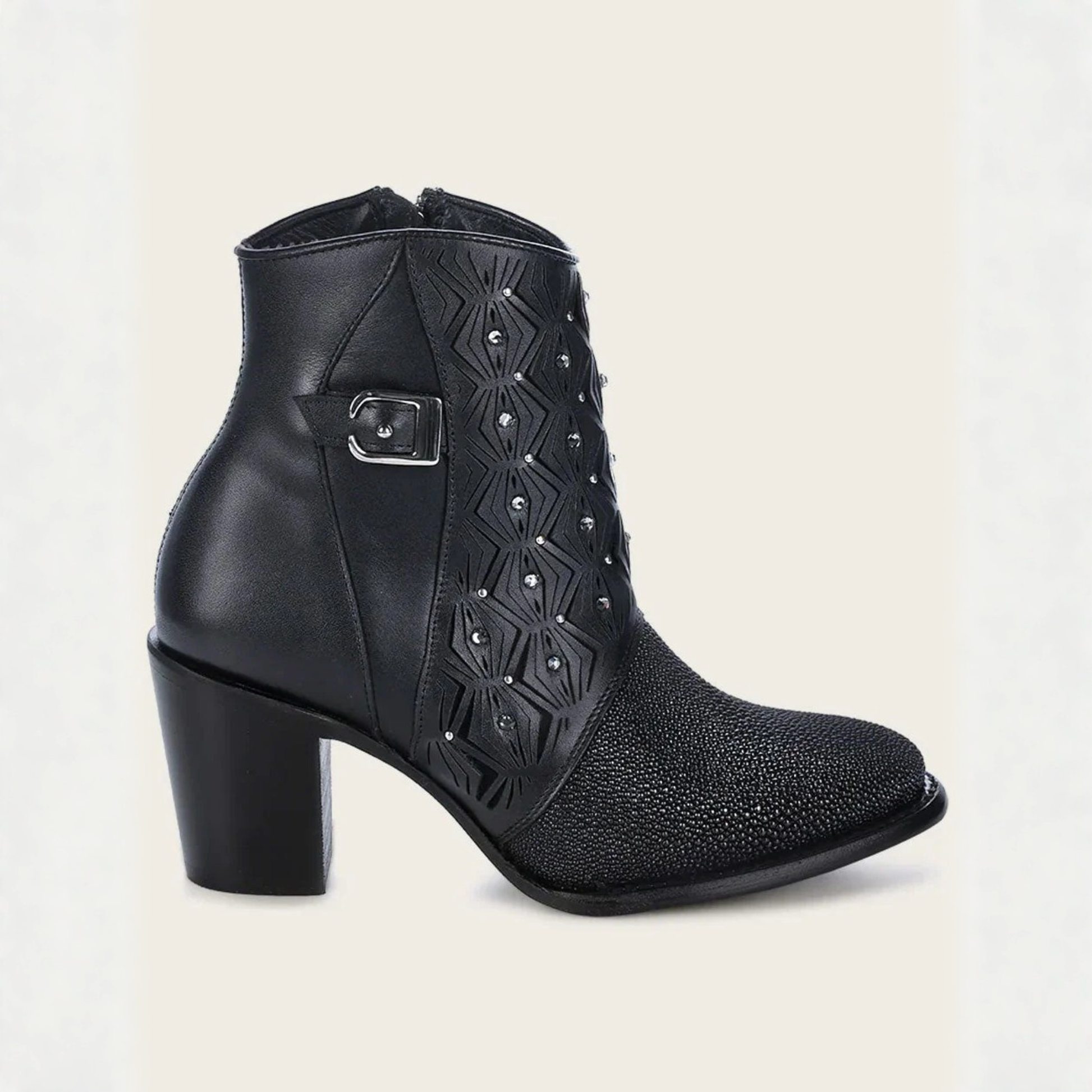 Cuadra Black Stingray Crystal Ankle Bootie side profile view