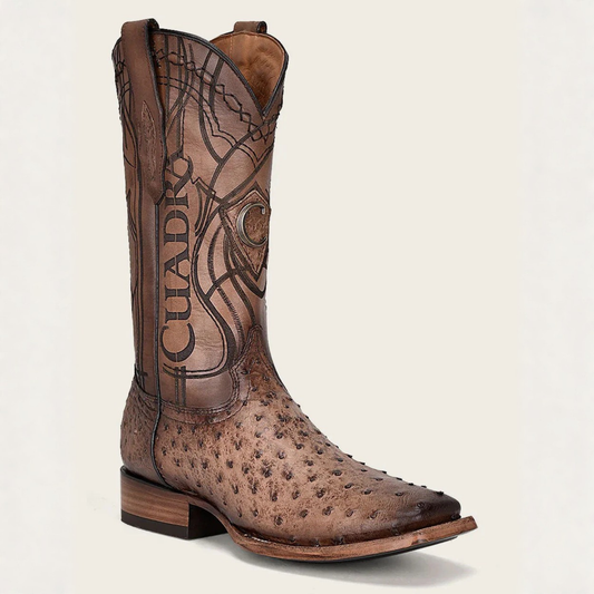 Cuadra Engraved Honey Ostrich Western Boot angled profile view
