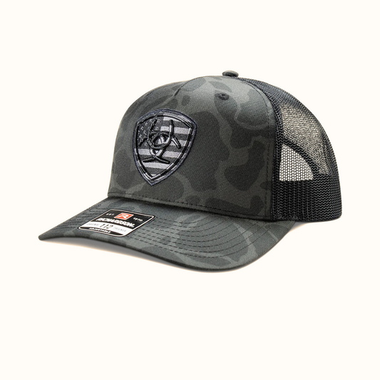 Ariat Camo Shield Snapback Cap Black Grey front angle view