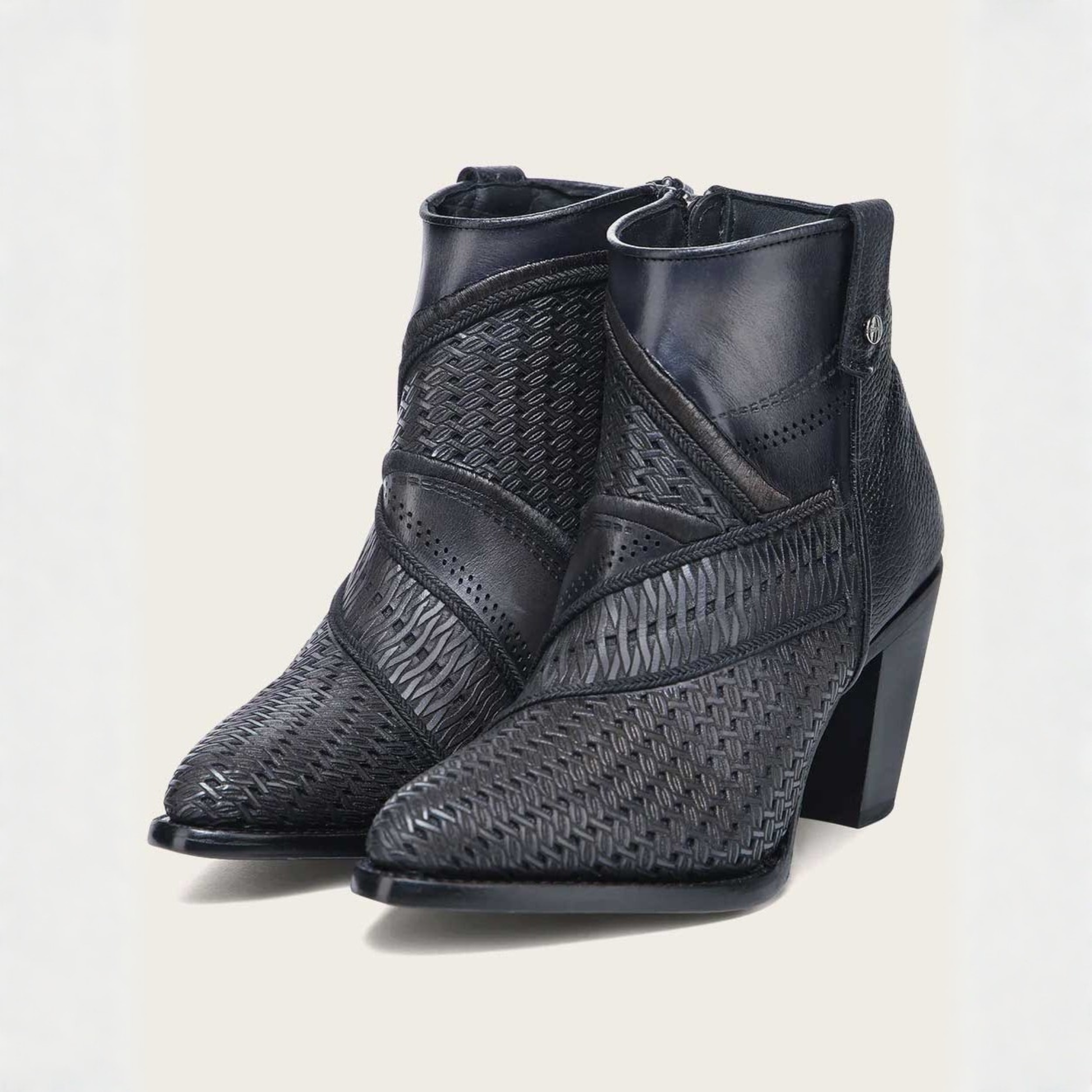 Cuadra Oxford Laser & Embroidery Studs & Zipper Round Toe Bootie front angle pair view