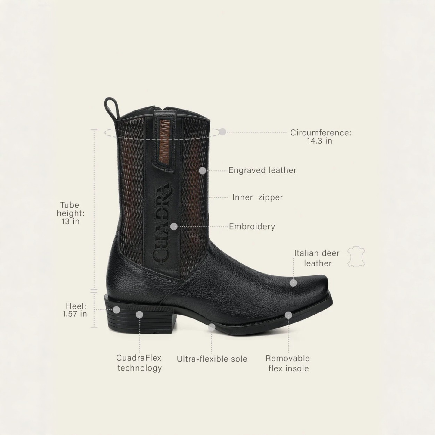 Cuadra Black Italian Deer Leather Urban Boots side view with dimensions