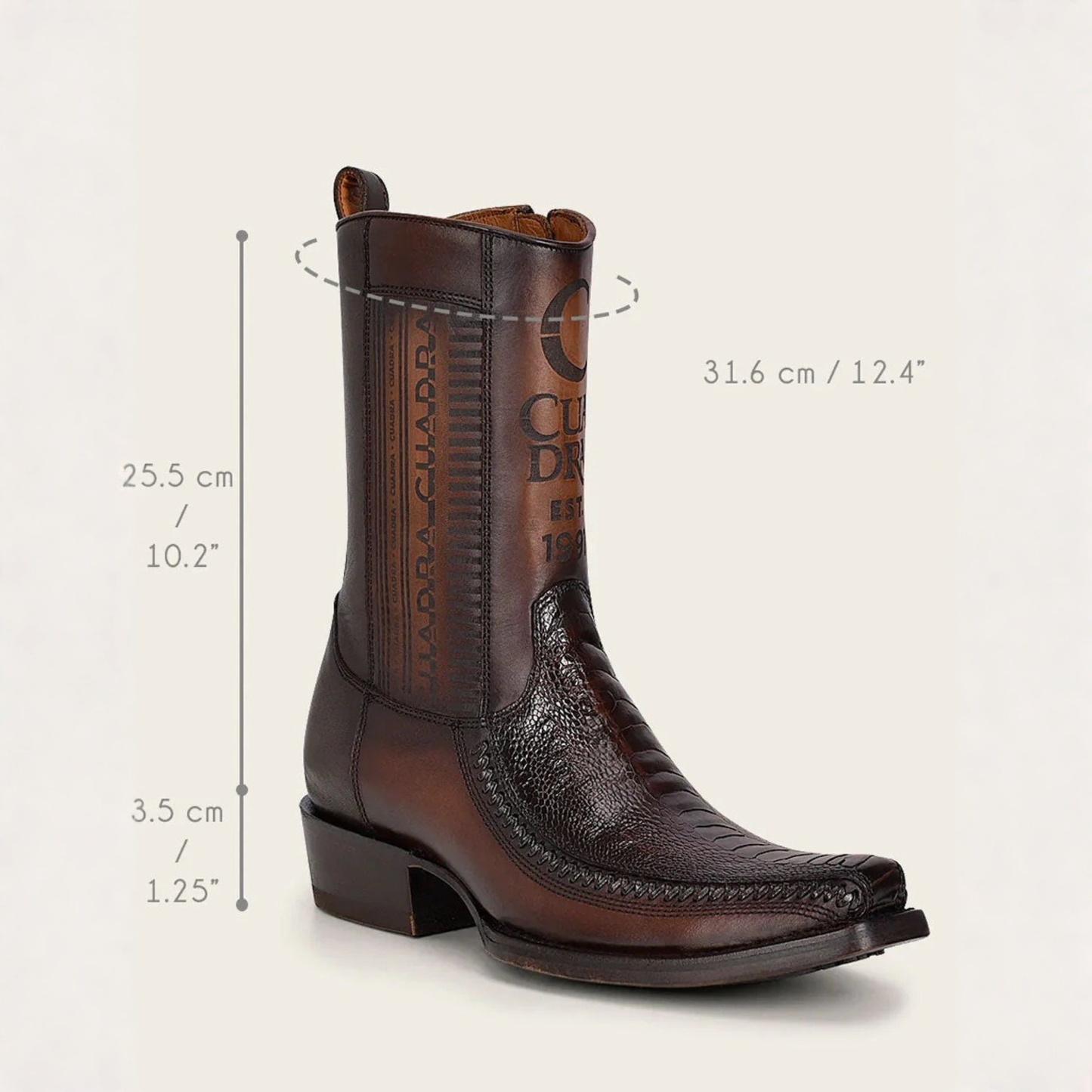 Cuadra Urban Ostrich Leg Western Boot angled view with dimensions