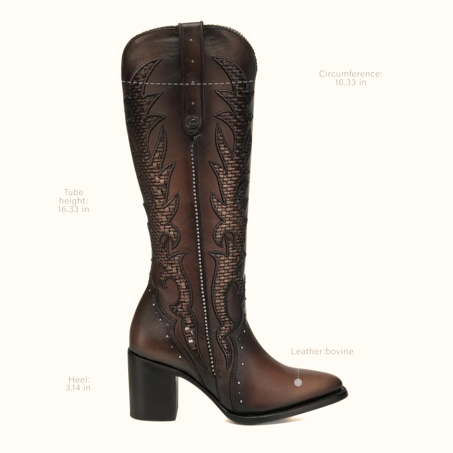Cuadra Women’s Brown Bovine Leather Western Boots side pair view with dimensions