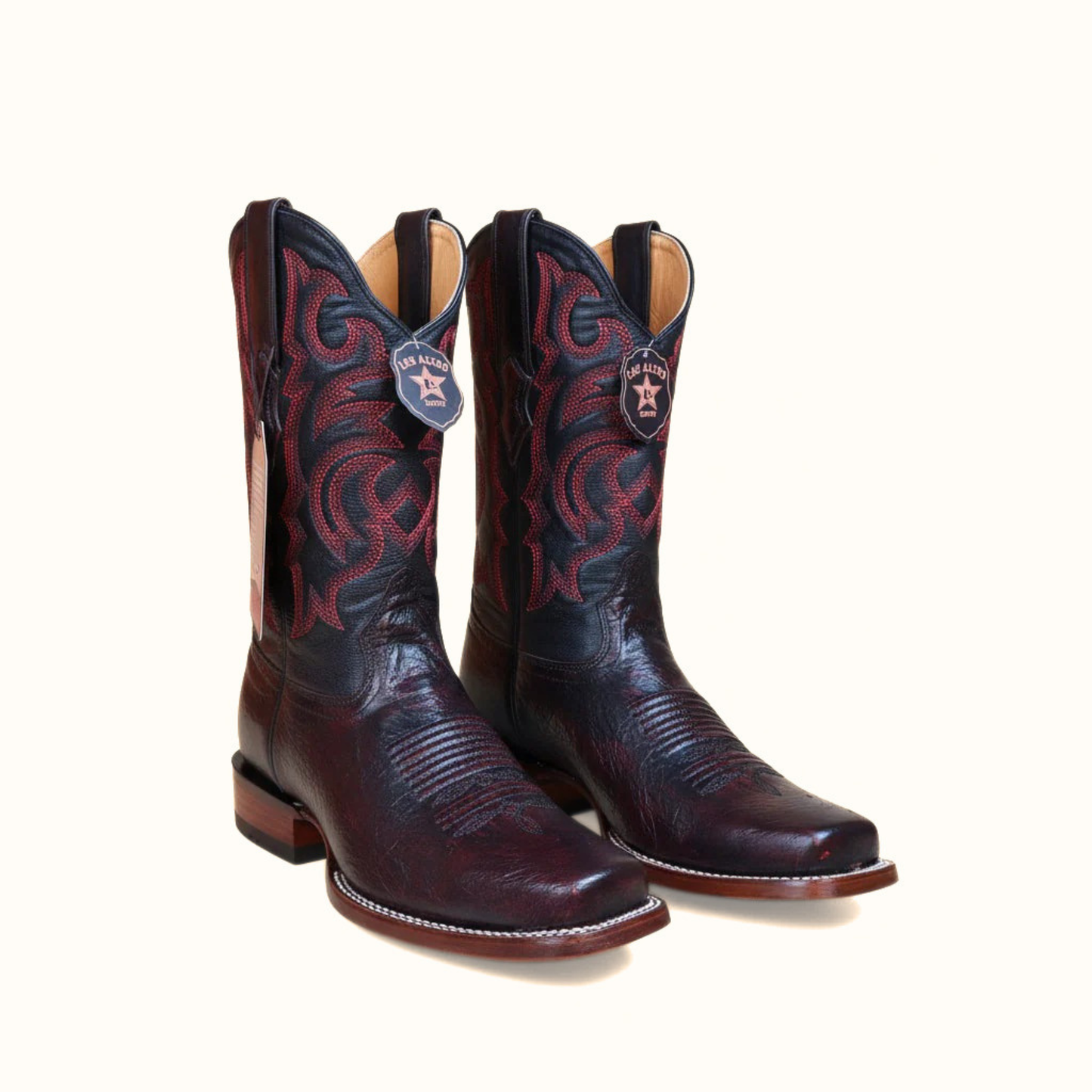 Los Altos smooth ostrich black cherry rodeo square toe boot front angle pair
