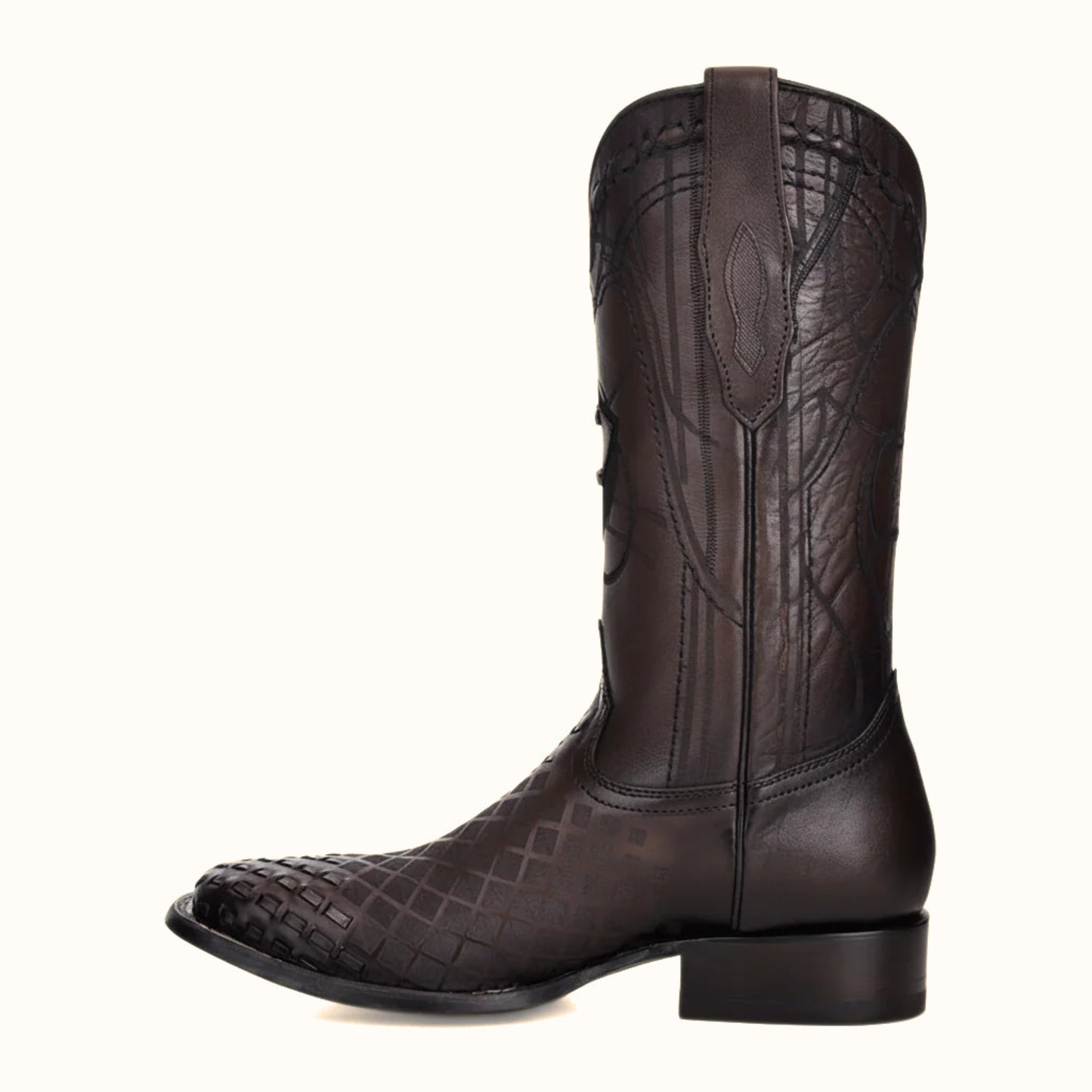 Cuadra engraved black leather western boot side profile