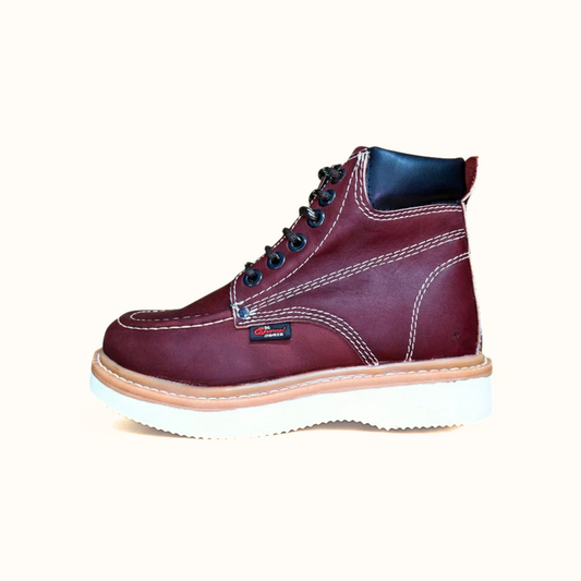 Cerro Piel Shedron Rayas Ambar men’s work boot in burgundy leather with wedge sole side view